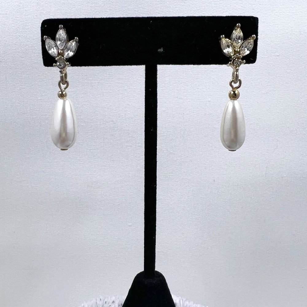 Gold Toned Jeweled Post Earrings with Faux Drop Pearls
